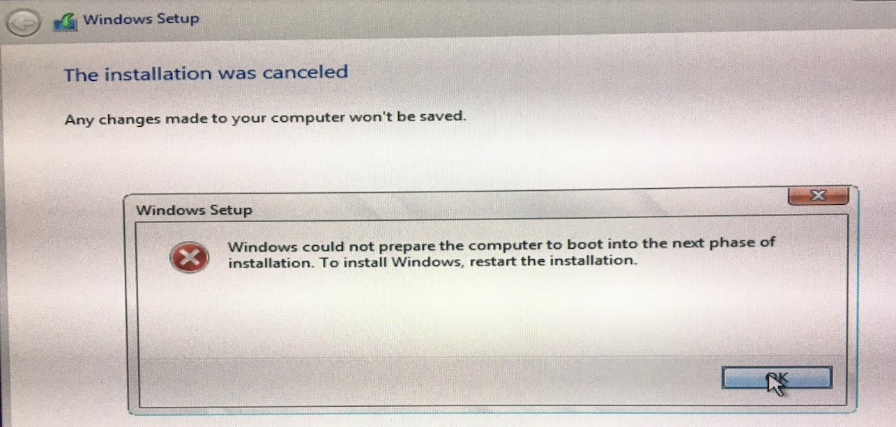 Windows could not prepare the computer to boot into the next phase of installation