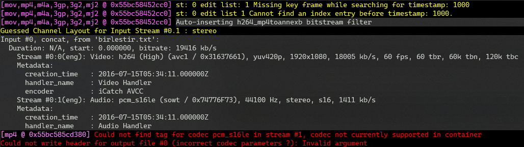 Could not find tag for codec pcm_s16le in stream #1